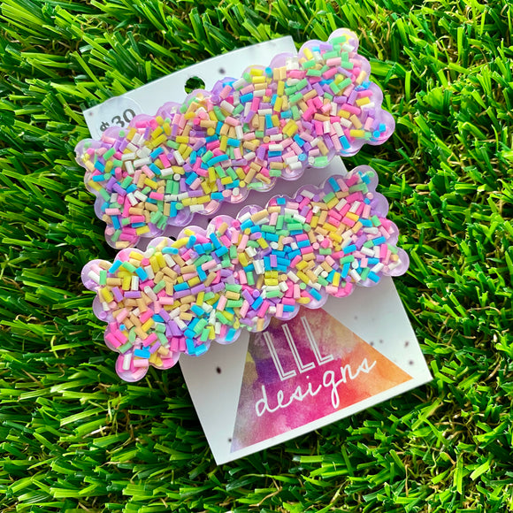 Handmade Resin Hair Clip - Lavender Duel Layered Rectangular Rainbow Sprinkle Hair Clip Pair!