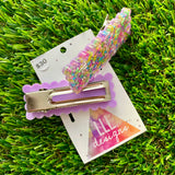 Handmade Resin Hair Clip - Lavender Duel Layered Rectangular Rainbow Sprinkle Hair Clip Pair!