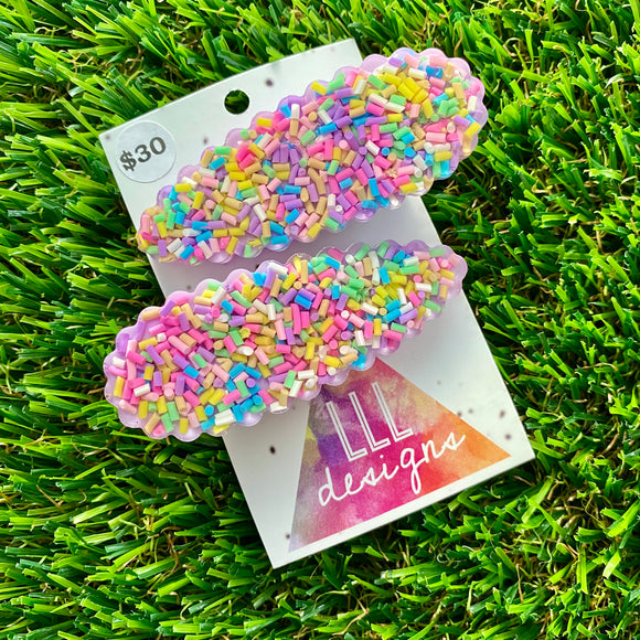 Handmade Resin Hair Clip - Lavender Duel Layered Scalloped Rainbow Sprinkle Hair Clip Pair!