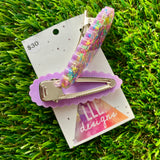 Handmade Resin Hair Clip - Lavender Duel Layered Scalloped Rainbow Sprinkle Hair Clip Pair!