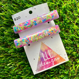 Handmade Resin Hair Clip - Lavender Duel Layered Rainbow Sprinkle Hair Clip Pair Featuring a Squared Edge!