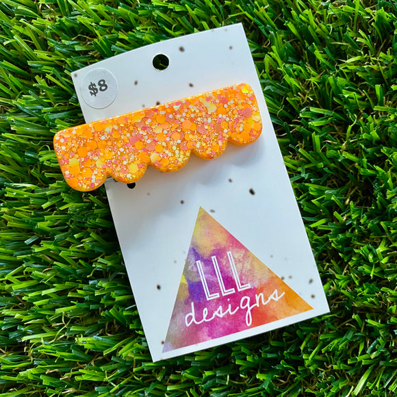 Handmade Resin Hair Clip - Orange Multi Glitter Scalloped Edge Hair Clip!