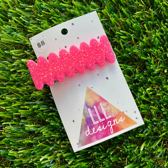 Handmade Resin Hair Clip - Neon Glitter Pink Ups and Downs Hair Clip!