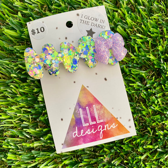 Handmade Resin Hair Clip - Yellow/Green Blue Lavender Glitter Nebula Hair Clip Featuring Lavender Glow In Dark Bow!