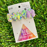 Handmade Resin Hair Clip - Yellow/Green Blue Lavender Glitter Nebula Hair Clip Featuring Lavender Glow In Dark Bow!