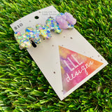 Handmade Resin Hair Clip - Yellow/Green Blue Lavender Glitter Nebula Hair Clip Featuring Lavender Glow In Dark Bow!