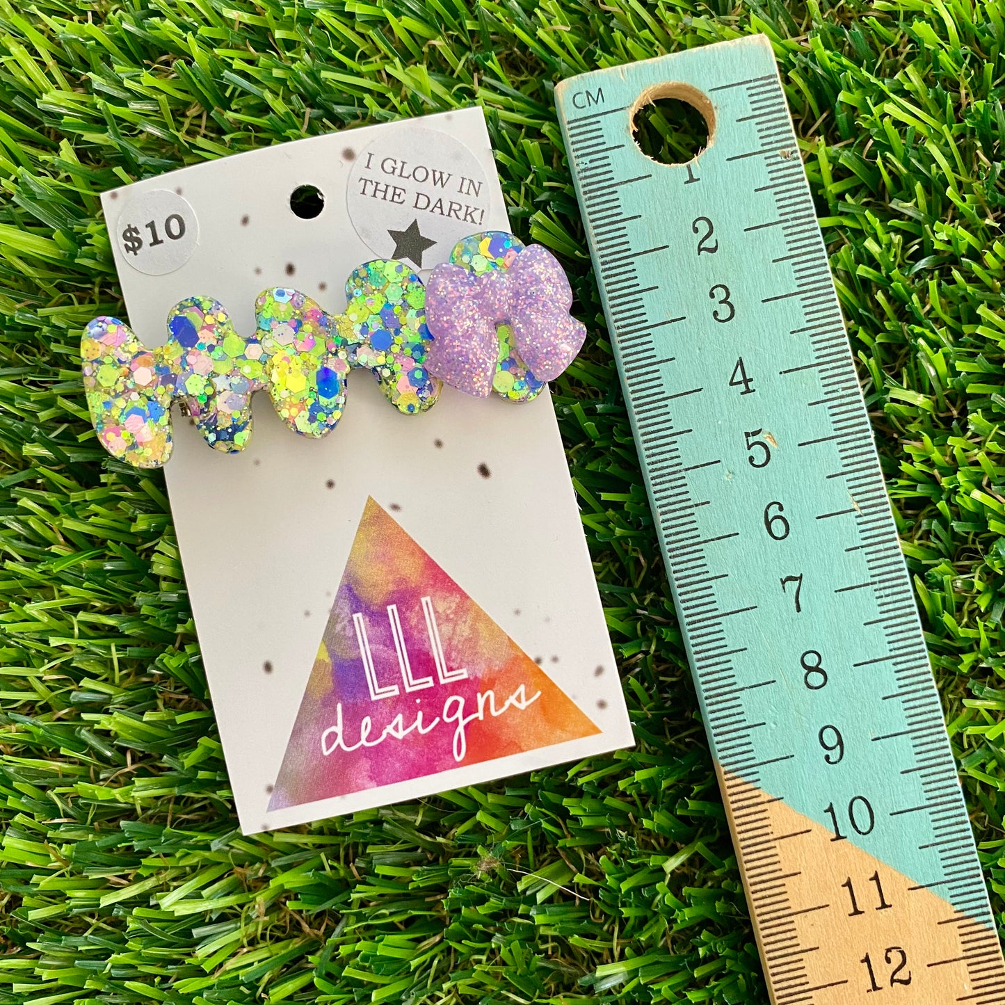 Handmade Resin Hair Clip - Yellow/Green Blue Lavender Glitter Nebula Hair Clip Featuring Lavender Glow In Dark Bow!