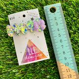 Handmade Resin Hair Clip - Yellow/Green Blue Lavender Glitter Nebula Hair Clip Featuring Lavender Glow In Dark Bow!