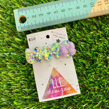 Handmade Resin Hair Clip - Yellow/Green Blue Lavender Glitter Nebula Hair Clip Featuring Lavender Glow In Dark Bow!