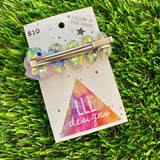 Handmade Resin Hair Clip - Yellow/Green Blue Lavender Glitter Nebula Hair Clip Featuring Lavender Glow In Dark Bow!