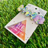 Handmade Resin Hair Clip - Yellow/Green Blue Lavender Glitter Nebula Hair Clip Featuring Lavender Glow In Dark Bow!