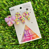 Handmade Resin Hair Clip - Yellow, Pink, Violet Glitter Puddle Hair Clip Featuring Lavender Glow In Dark Bow!