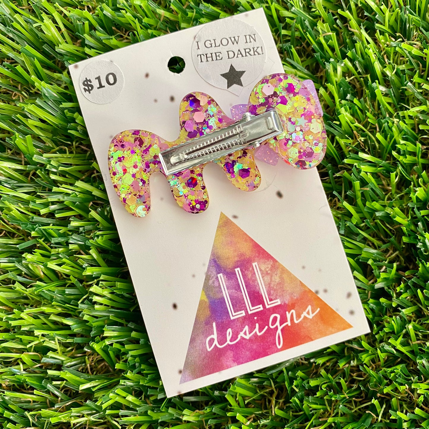 Handmade Resin Hair Clip - Yellow, Pink, Violet Glitter Puddle Hair Clip Featuring Lavender Glow In Dark Bow!