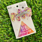 Handmade Resin Hair Clip - Yellow, Pink, Violet Glitter Puddle Hair Clip Featuring Lavender Glow In Dark Bow!
