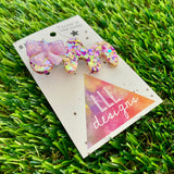 Handmade Resin Hair Clip - Yellow, Pink, Violet Glitter Puddle Hair Clip Featuring Lavender Glow In Dark Bow!