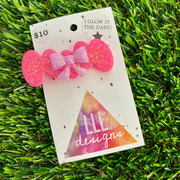 Handmade Resin Hair Clip - Neon Glitter Pink Bubbles and Bow Hair Clip Featuring Lavender Glow In Dark Bow!