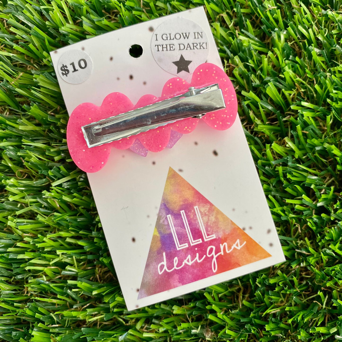Handmade Resin Hair Clip - Neon Glitter Pink Bubbles and Bow Hair Clip Featuring Lavender Glow In Dark Bow!
