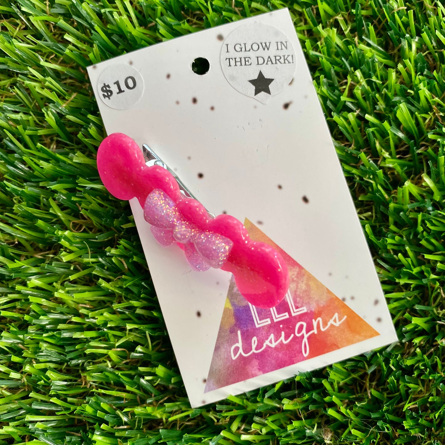 Handmade Resin Hair Clip - Neon Glitter Pink Bubbles and Bow Hair Clip Featuring Lavender Glow In Dark Bow!