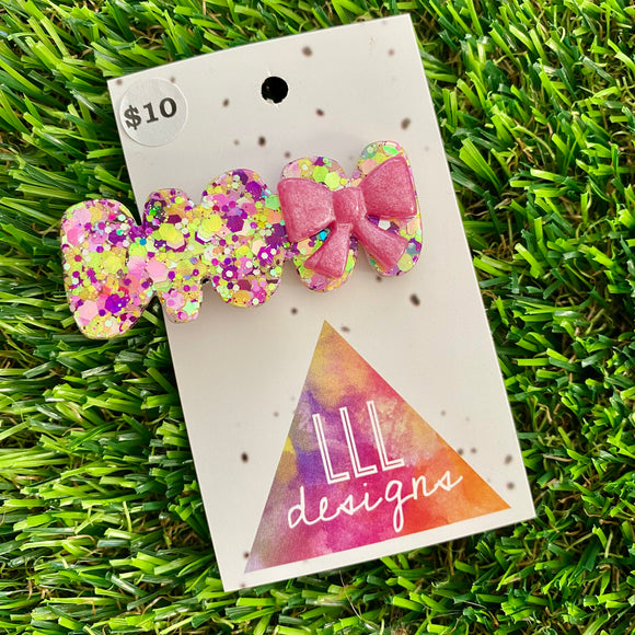 Handmade Resin Hair Clip - Yellow, Pink, Violet Glitter Squiggle Hair Clip Featuring a Pink Bow!