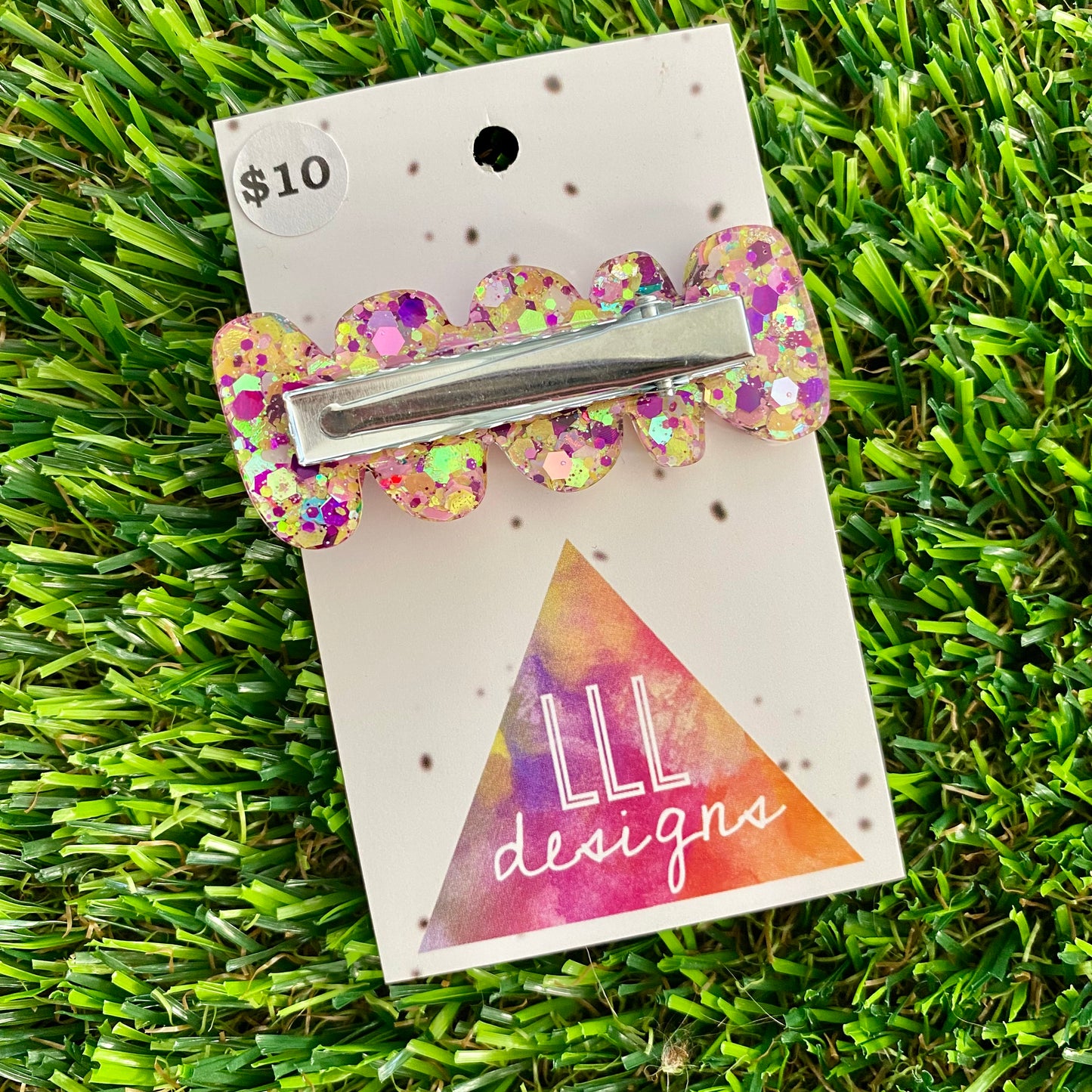 Handmade Resin Hair Clip - Yellow, Pink, Violet Glitter Squiggle Hair Clip Featuring a Pink Bow!