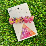 Handmade Resin Hair Clip - Yellow, Pink, Violet Glitter Squiggle Hair Clip Featuring a Pink Bow!