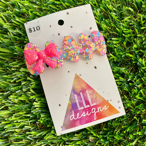 Handmade Resin Hair Clip - Rainbow Confetti Nebula Hair Clip Featuring a Neon Glitter Pink Bow!