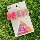 Handmade Resin Hair Clip - Rainbow Confetti Nebula Hair Clip Featuring a Neon Glitter Pink Bow!