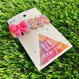 Handmade Resin Hair Clip - Rainbow Confetti Nebula Hair Clip Featuring a Neon Glitter Pink Bow!