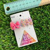 Handmade Resin Hair Clip - Rainbow Confetti Nebula Hair Clip Featuring a Neon Glitter Pink Bow!