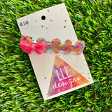 Handmade Resin Hair Clip - Rainbow Confetti Nebula Hair Clip Featuring a Neon Glitter Pink Bow!