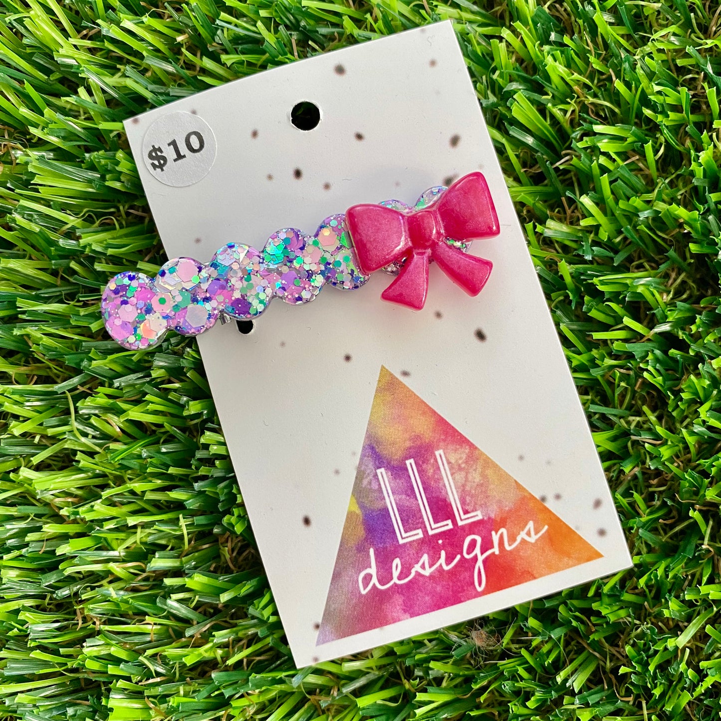 Handmade Resin Hair Clip - Purple Multi Confetti Bubble Bar Hair Clip Featuring a Pink Bow!