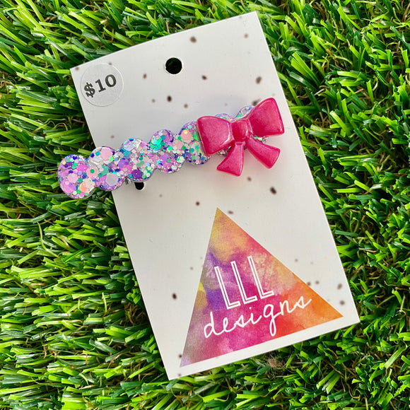 Handmade Resin Hair Clip - Purple Multi Confetti Bubble Bar Hair Clip Featuring a Pink Bow!
