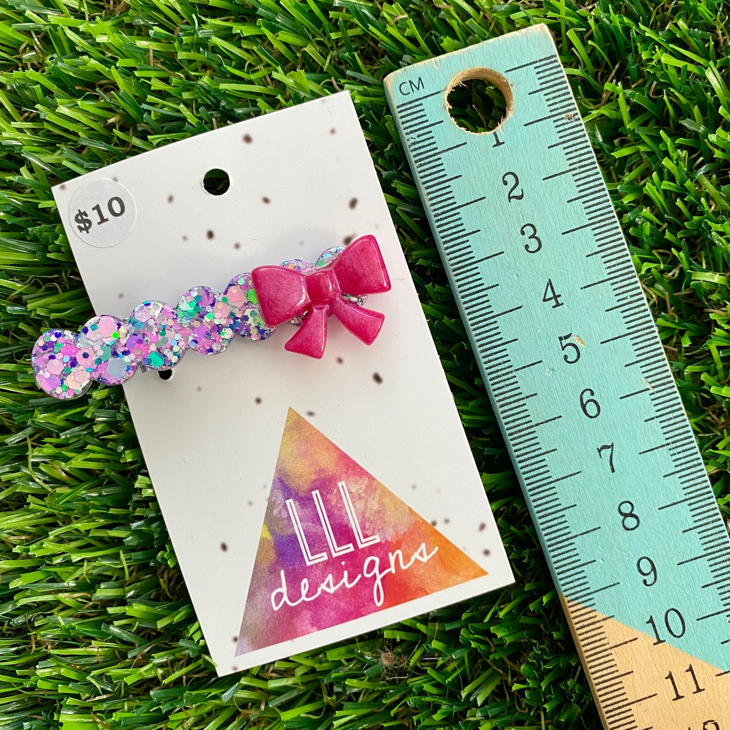 Handmade Resin Hair Clip - Purple Multi Confetti Bubble Bar Hair Clip Featuring a Pink Bow!