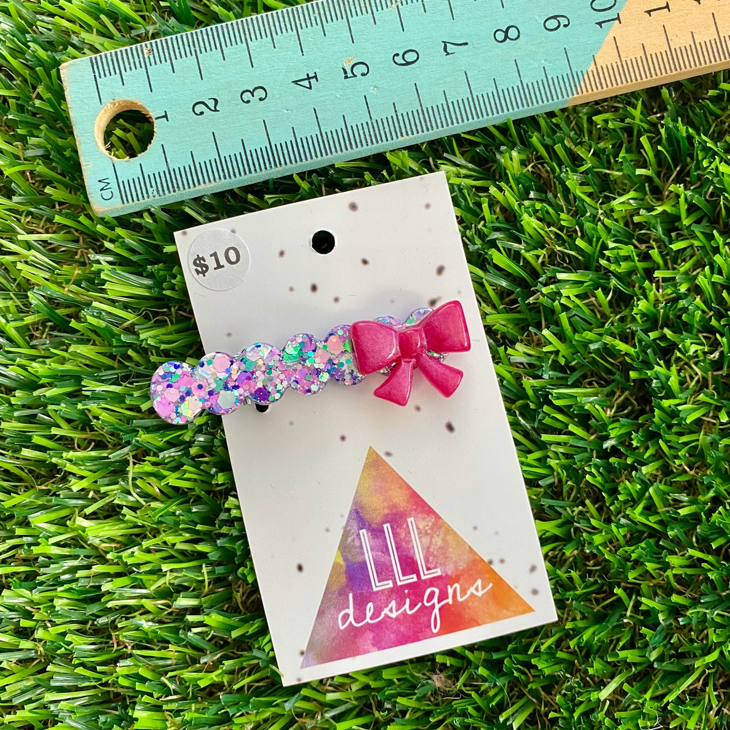 Handmade Resin Hair Clip - Purple Multi Confetti Bubble Bar Hair Clip Featuring a Pink Bow!