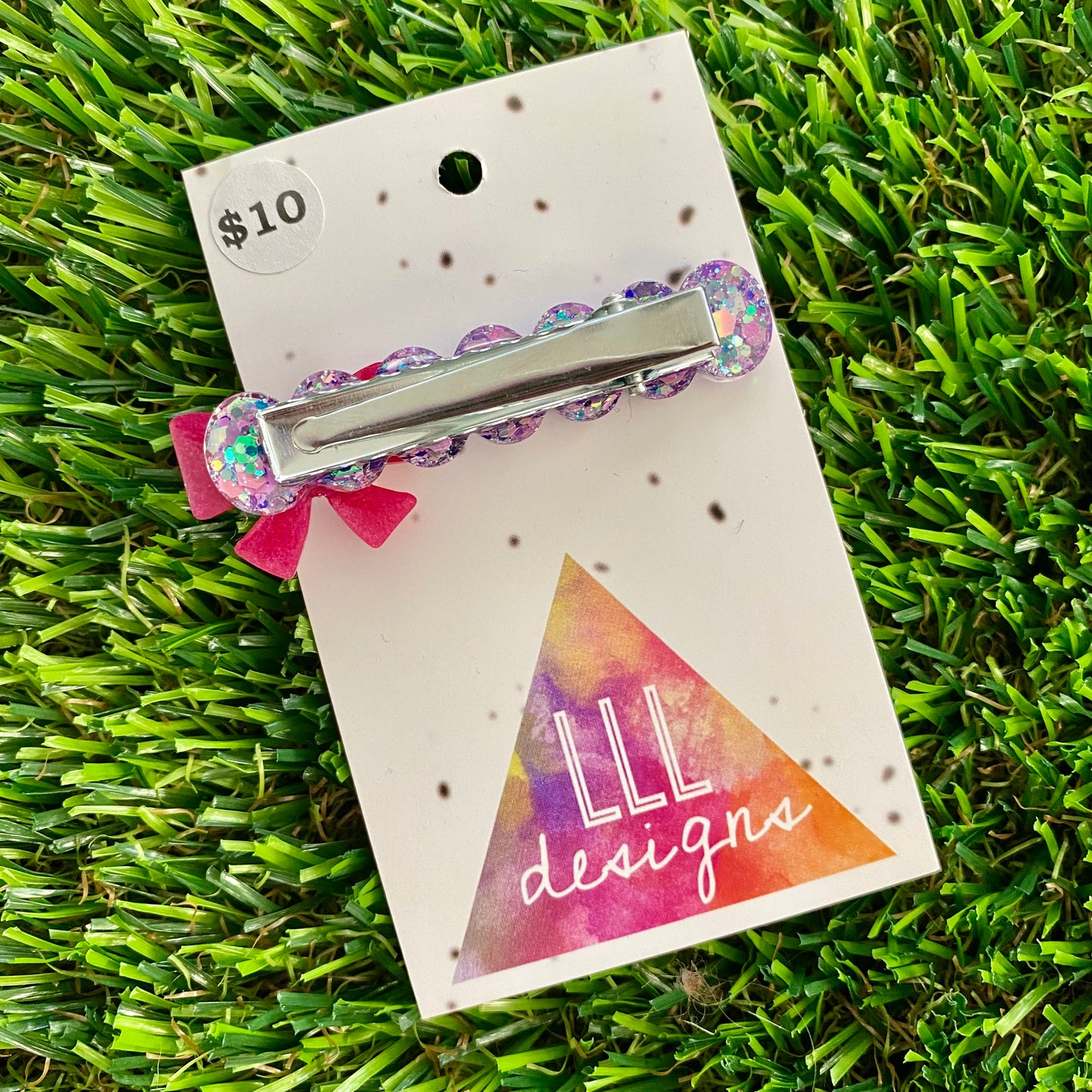 Handmade Resin Hair Clip - Purple Multi Confetti Bubble Bar Hair Clip Featuring a Pink Bow!