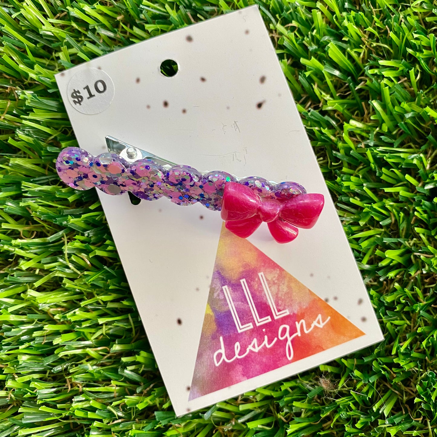 Handmade Resin Hair Clip - Purple Multi Confetti Bubble Bar Hair Clip Featuring a Pink Bow!