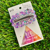 Handmade Resin Hair Clip - Purple Multi Confetti Puffy Cloud Hair Clip Featuring a Lavender Glow In Dark Bow!