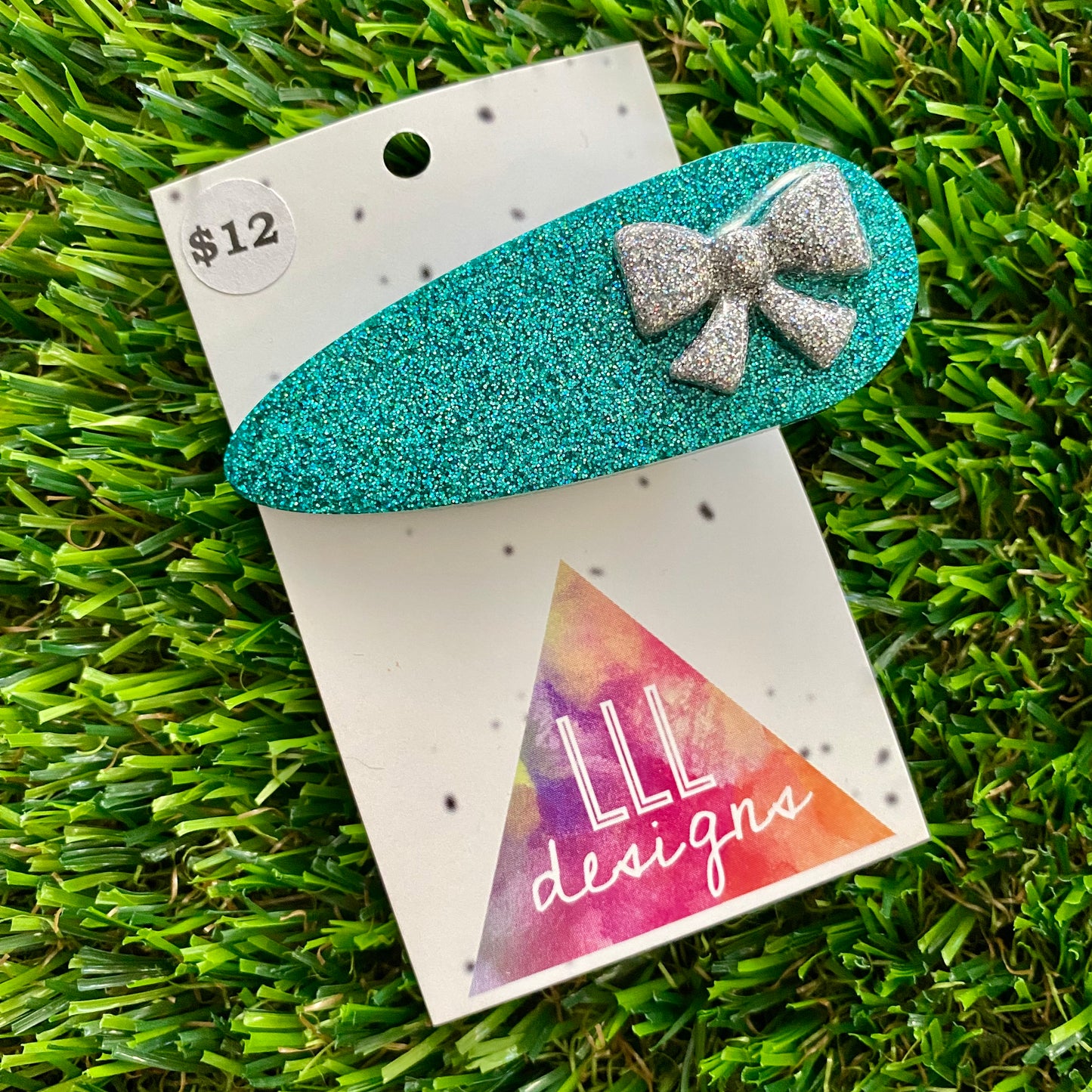Handmade Resin Hair Clip - Teal Glitter Hair Clip Featuring a Glitter Silver Bow!