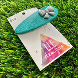 Handmade Resin Hair Clip - Teal Glitter Hair Clip Featuring a Glitter Silver Bow!