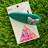 Handmade Resin Hair Clip - Teal Glitter Hair Clip Featuring a Glitter Silver Bow!
