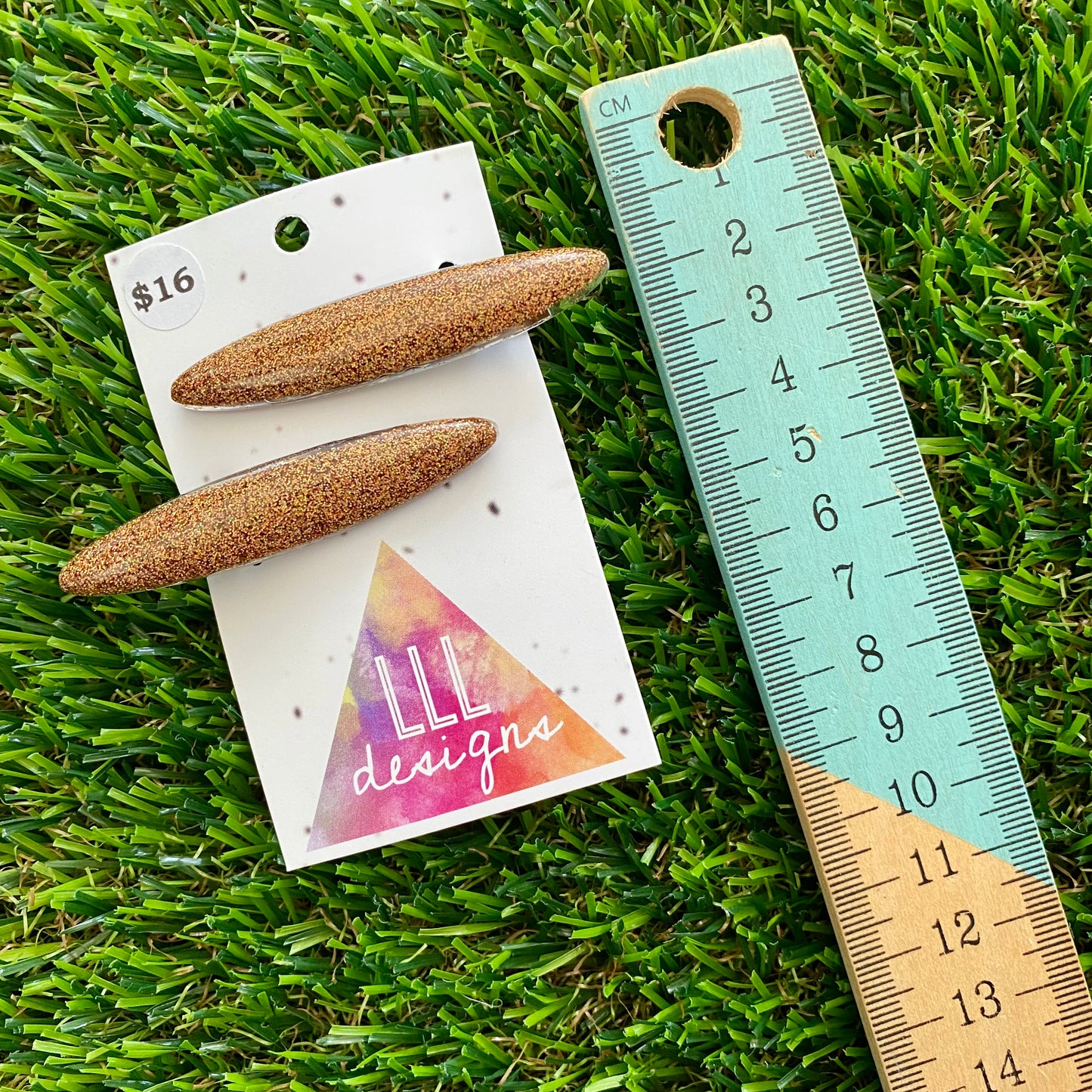 Handmade Resin Hair Clip - Glitter Gold Rounded Edge Bar Hair Clip Pair!