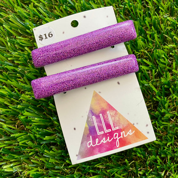 Handmade Resin Hair Clip - Glitter Purple Squared Edge Bar Hair Clip Pair!