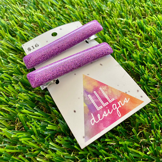 Handmade Resin Hair Clip - Glitter Purple Squared Edge Bar Hair Clip Pair!