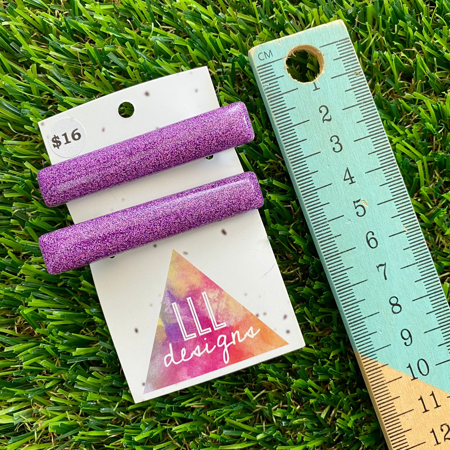Handmade Resin Hair Clip - Glitter Purple Squared Edge Bar Hair Clip Pair!