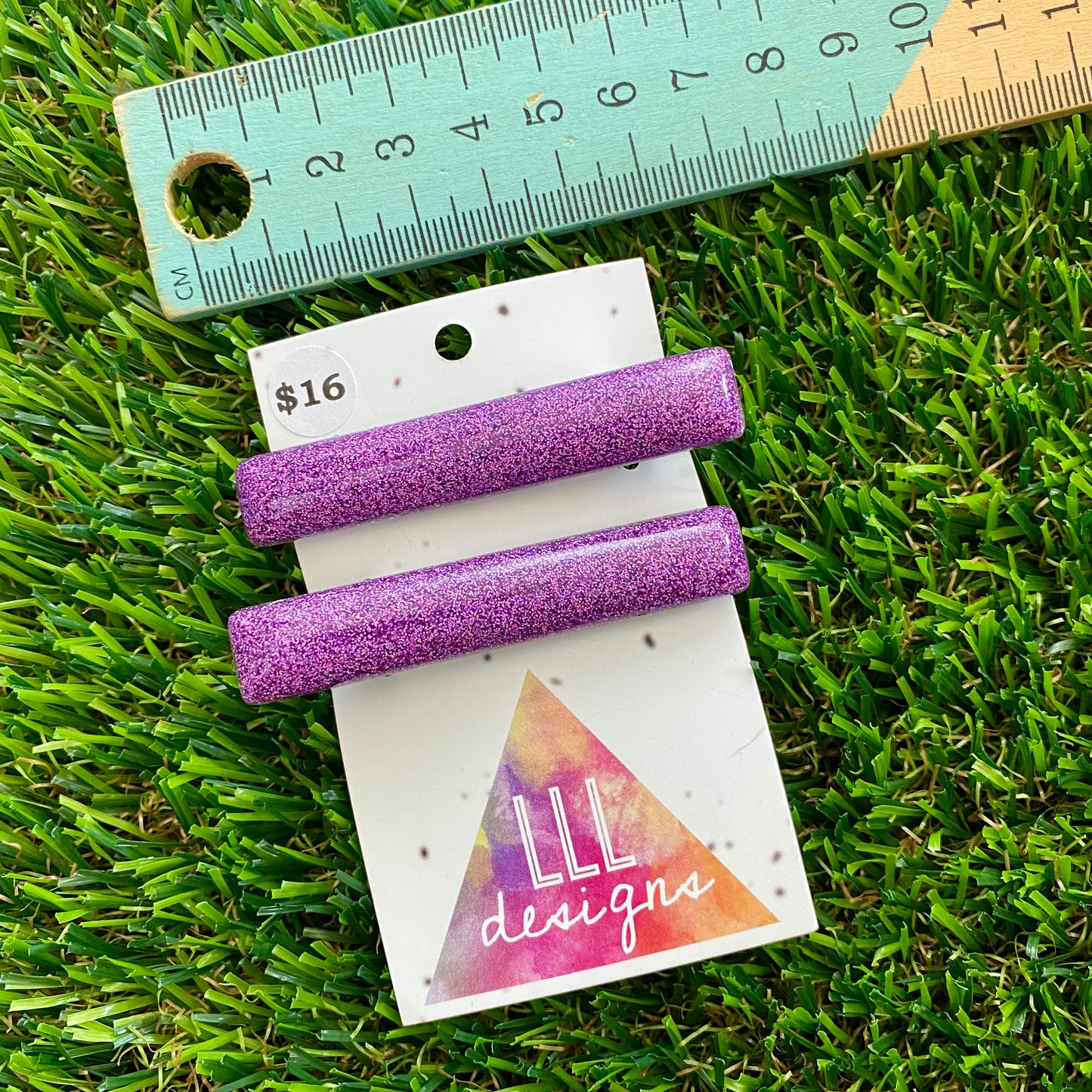 Handmade Resin Hair Clip - Glitter Purple Squared Edge Bar Hair Clip Pair!