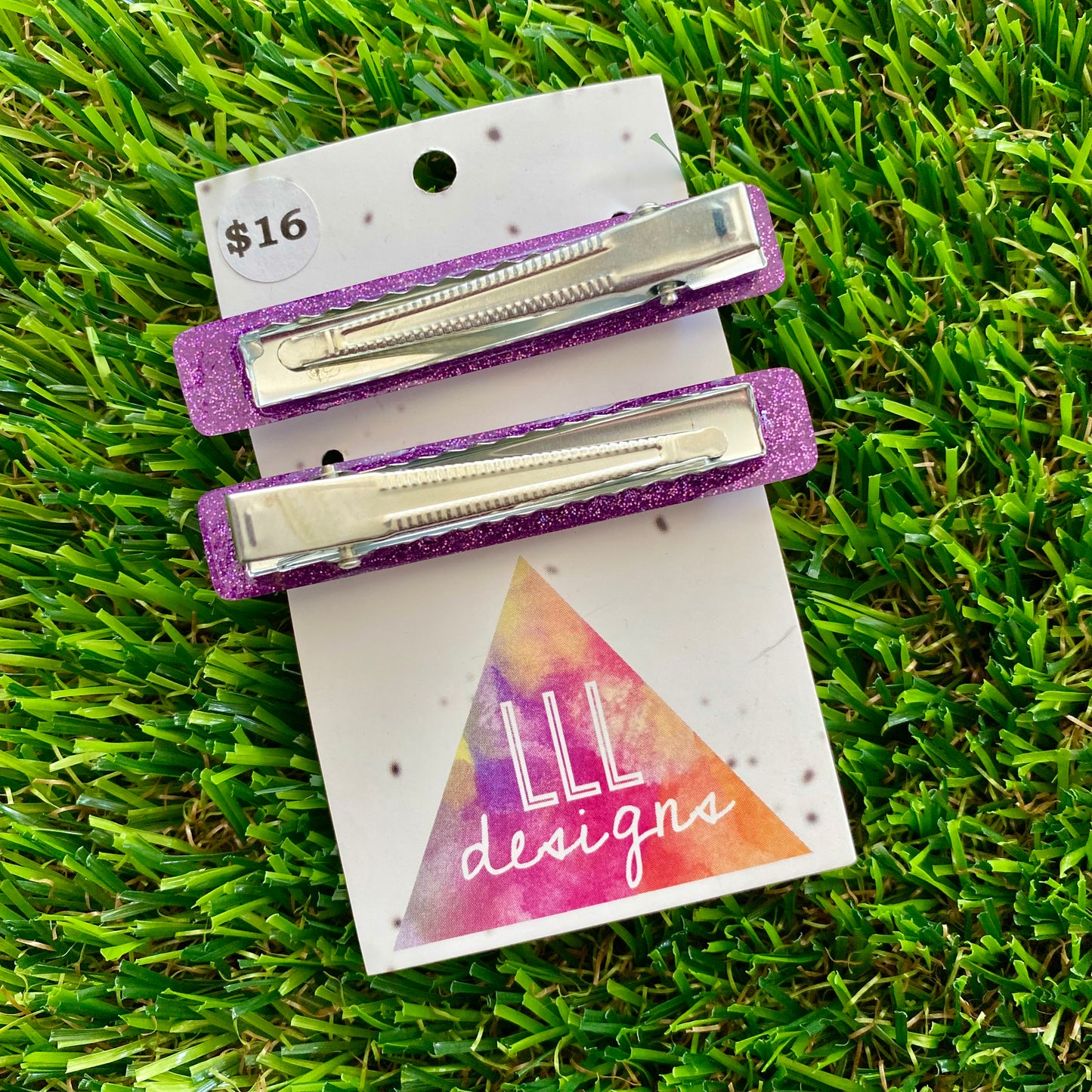 Handmade Resin Hair Clip - Glitter Purple Squared Edge Bar Hair Clip Pair!