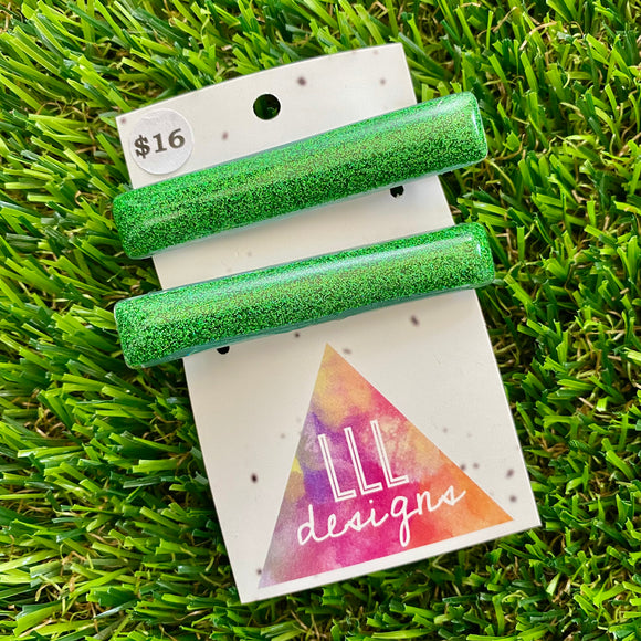 Handmade Resin Hair Clip - Glitter Green Squared Edge Bar Hair Clip Pair!