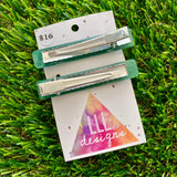 Handmade Resin Hair Clip - Glitter Green Squared Edge Bar Hair Clip Pair!