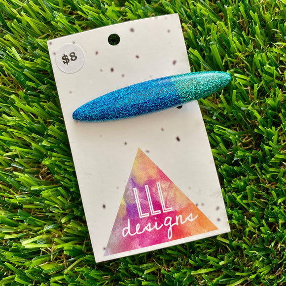 Handmade Resin Hair Clip - Glitter Two Tone Blue Rounded Edge Bar Hair Clip!