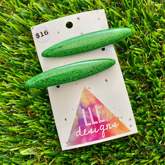 Handmade Resin Hair Clip - Glitter Green Rounded Edge Bar Hair Clip Pair!